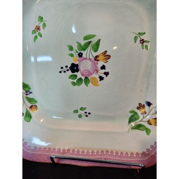 Adams Calyx Ware Hand Painted Lowestoft Square Platter Floral Border England - Picture 6 of 10